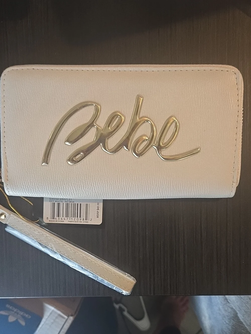 bebe Gianna OffWhite Wristlet Wallet with Gold Logo NWT
